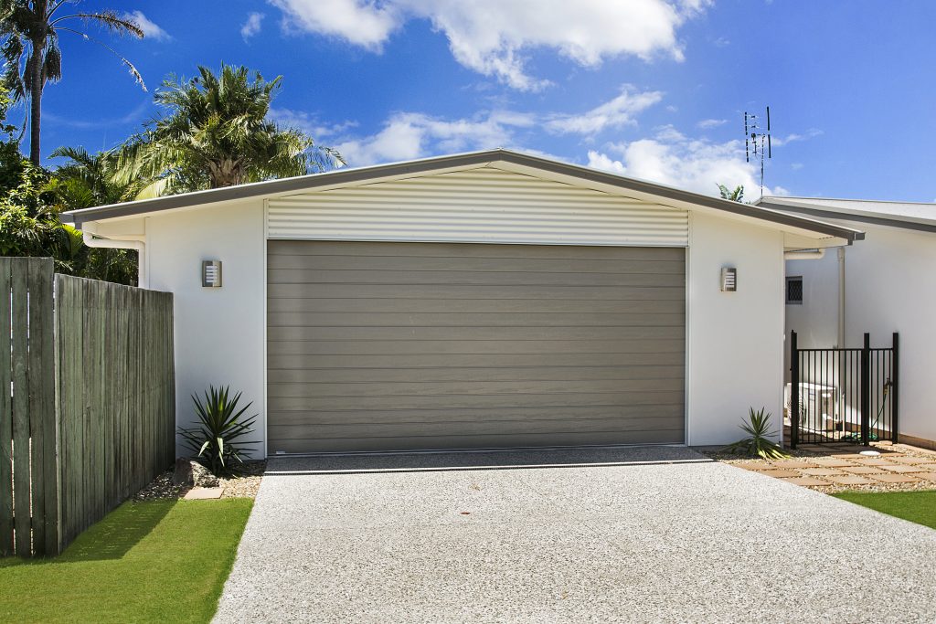 steel residential garage shed grey and white